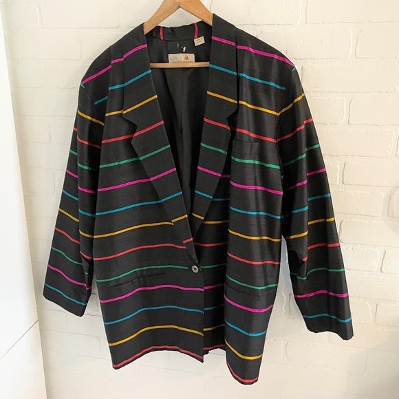 Vintage Women’s Blazer Silk Rainbow Striped Oversized Pockets Single breast 14 - Picture 1 of 8